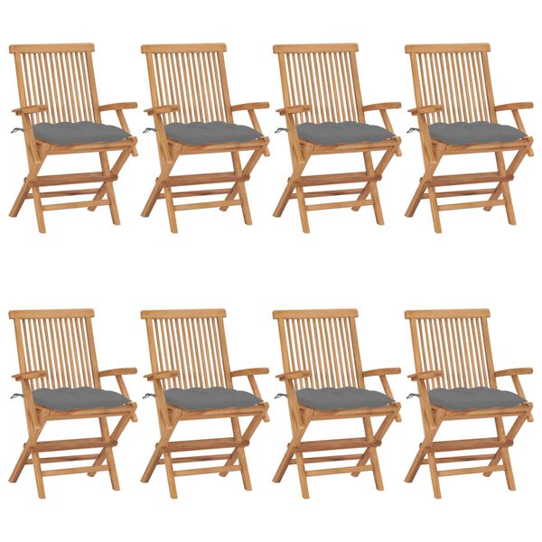 vidaXL Gartenst&uuml;hle mit Grauen Kissen 8 Stk. Massivholz Teak