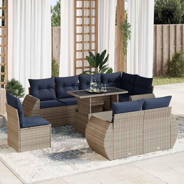 vidaXL 9-tlg. Garten-Sofagarnitur mit Kissen Grau Poly Rattan Akazie