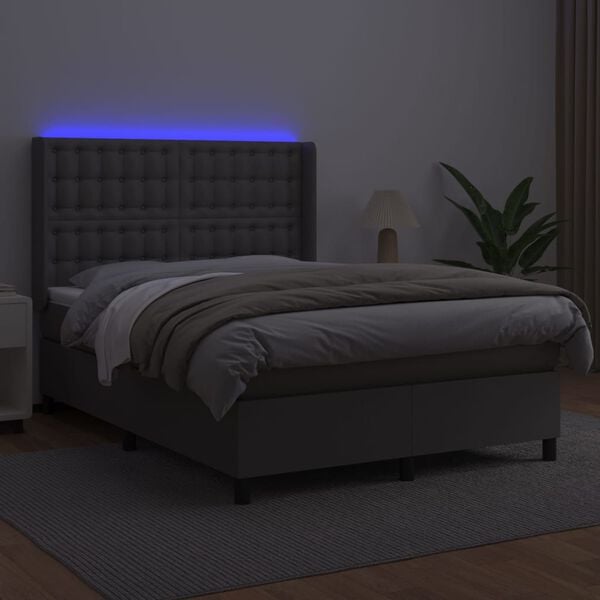 vidaXL Boxspringbett mit Matratze & LED Grau 140x190 cm Kunstleder