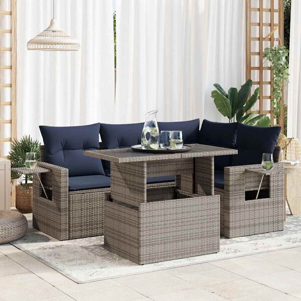 vidaXL 5tlg. Garten-Sofagarnitur mit Kissen Grau Poly Rattan Akazie
