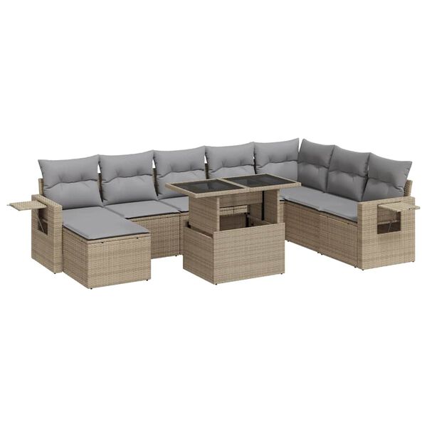 vidaXL 9-tlg. Garten-Sofagarnitur mit Kissen Beige Poly Rattan