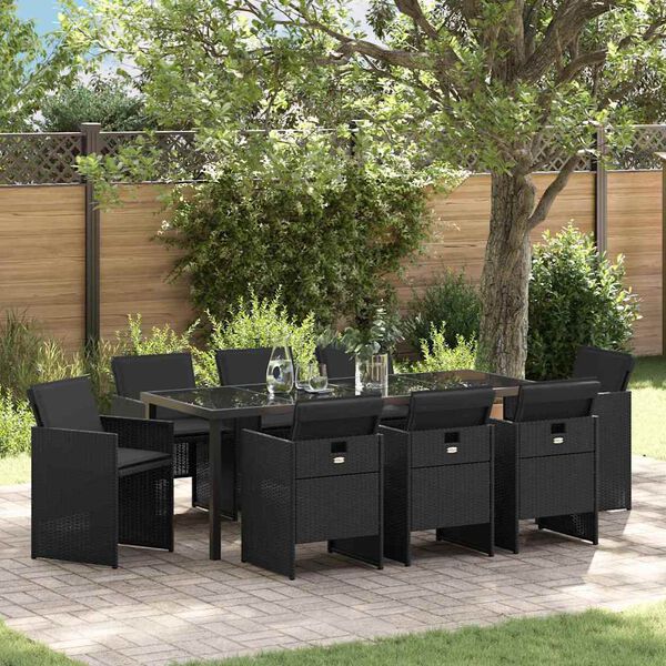 vidaXL Garten Essgruppe 9 pcs Schwarz Poly-Rattan