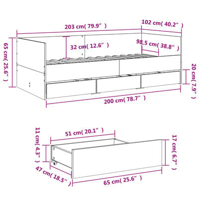 vidaXL Tagesbett mit Schubladen ohne Matratze Grau Sonoma 100x200 cm