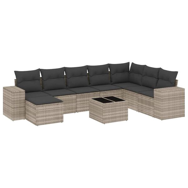 vidaXL 9-tlg. Garten-Sofagarnitur mit Kissen Hellgrau Poly Rattan