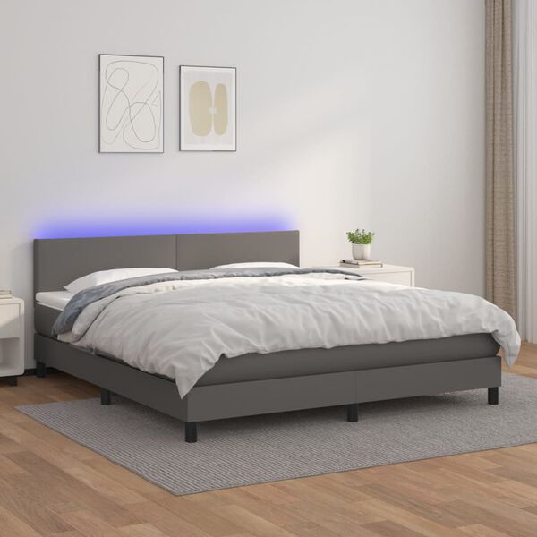vidaXL Boxspringbett mit Matratze & LED Grau 160x200 cm Kunstleder