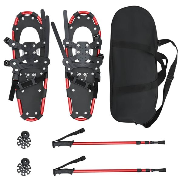 vidaXL 3 in 1 Schneeschuhe mit Wanderst&ouml;cken Rot und Schwarz 25 Zoll