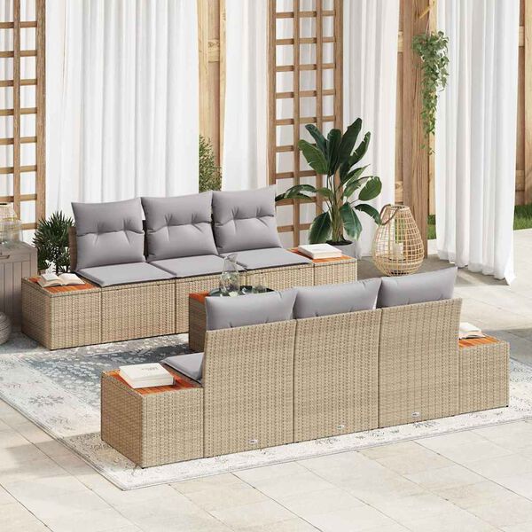 vidaXL Garten-Sofa-Set mit Kissen mit Speicher 7 pcs Beige Poly Rattan