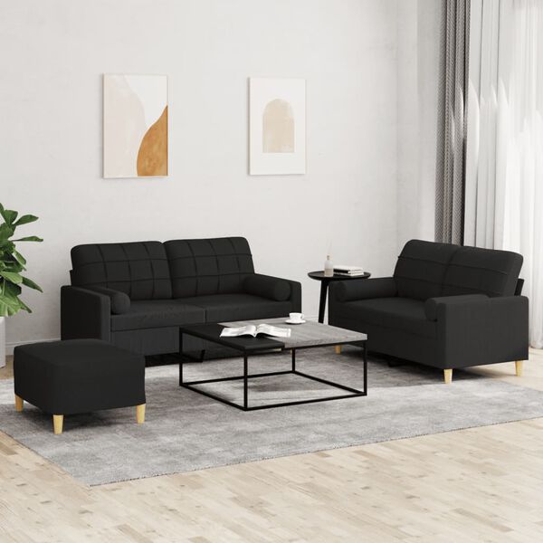 vidaXL 3-tlg. Sofagarnitur mit Kissen Schwarz Stoff