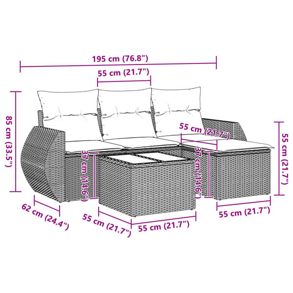vidaXL 5-tlg. Garten-Sofagarnitur mit Kissen Hellgrau Poly Rattan