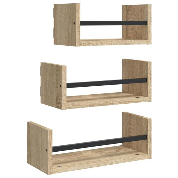vidaXL 3-teiliges Wandregal-Set mit Stangen Sonoma-Eiche Holzwerkstoff