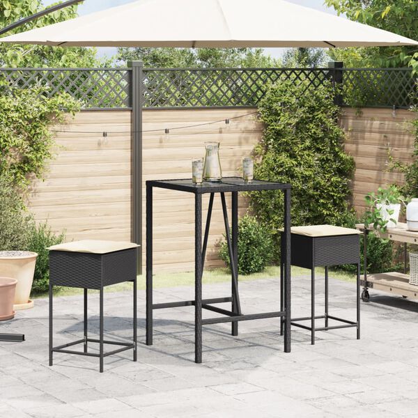 vidaXL 3-tlg. Gartenbar-Set mit Kissen Schwarz Poly Rattan