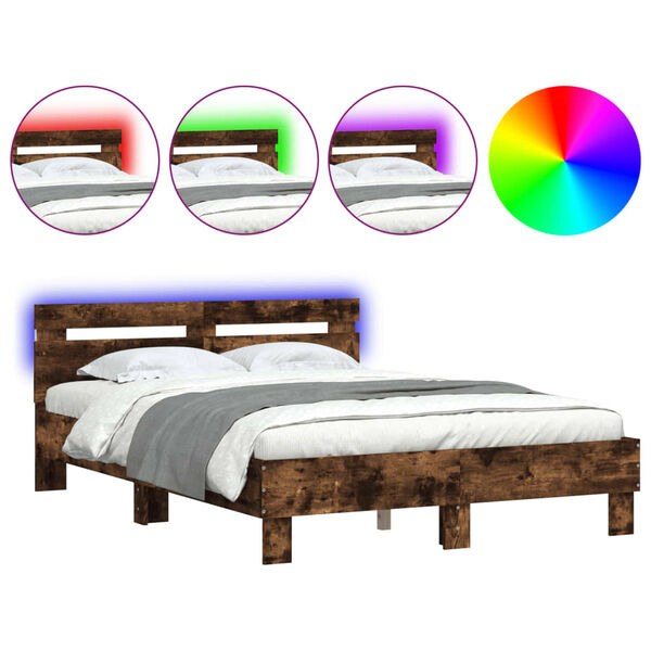 vidaXL Bettgestell mit Kopfteil LED-Beleuchtung R&auml;uchereiche 135x190cm