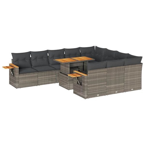 vidaXL 11-tlg. Garten-Sofagarnitur mit Kissen Grau Poly Rattan Akazie