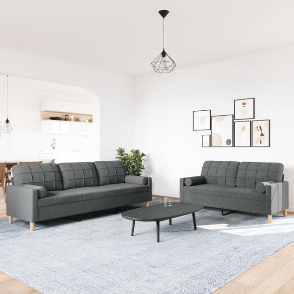 vidaXL 2-tlg. Sofagarnitur mit Dekokissen Dunkelgrau Stoff