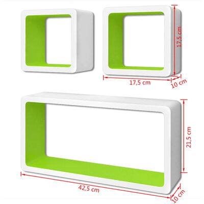 3er Set MDF Cube Regal Hängeregal Wandregal für Bücher/DVD, weiß-grün