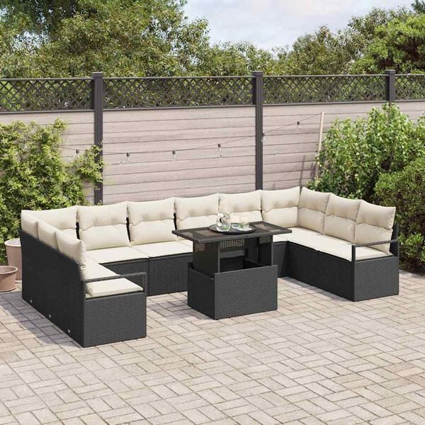 vidaXL Garten-Sofa-Set mit Kissen 11 pcs Schwarz und Creme Poly-Rattan