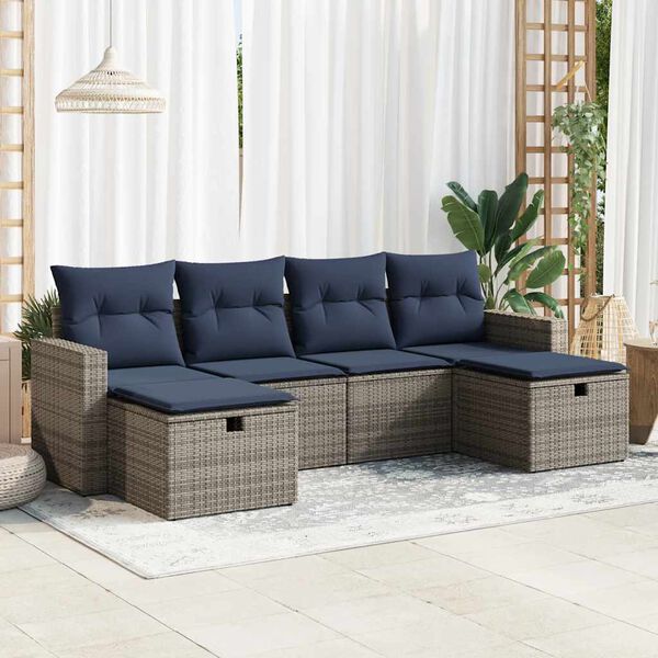 vidaXL 6-tlg. Garten-Sofagarnitur mit Kissen Grau Poly Rattan