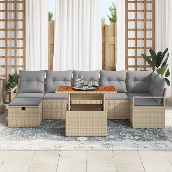 vidaXL Garten-Sofa-Set mit Kissen mit Speicher 8 pcs Beige Poly Rattan