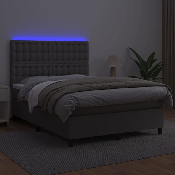 vidaXL Boxspringbett mit Matratze & LED Grau 140x190 cm Kunstleder