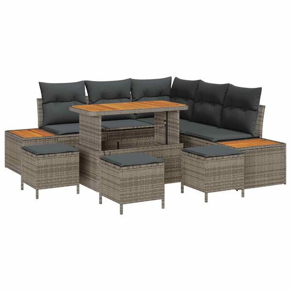 vidaXL Gartensofa-set mit Kissen mit Speicher 9 pcs Grau Poly Rattan