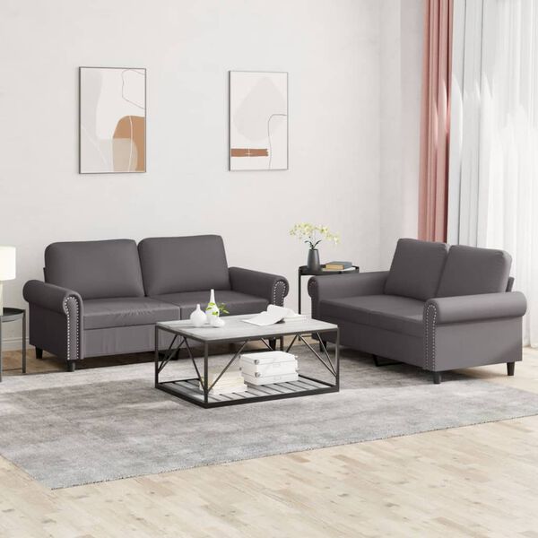vidaXL 2-tlg. Sofagarnitur mit Kissen Grau Kunstleder