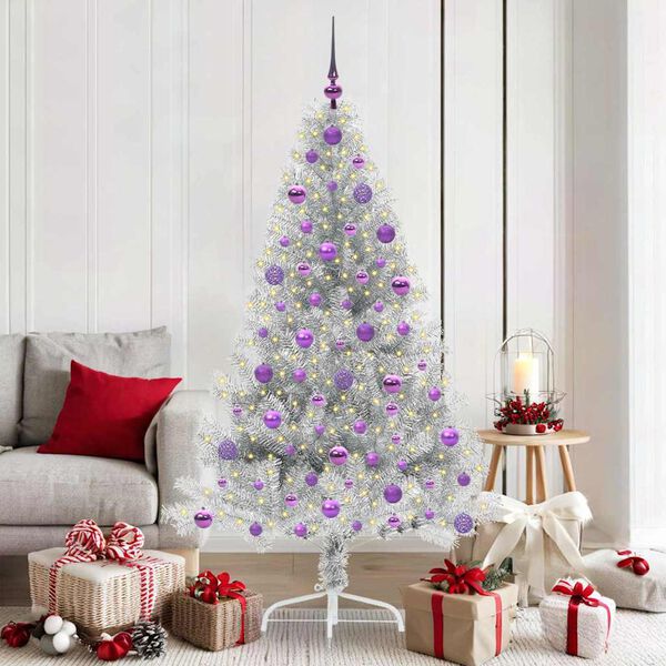 vidaXL K&uuml;nstlicher vorbeleuchteter Weihnachtsbaum Silber 180 cm PET