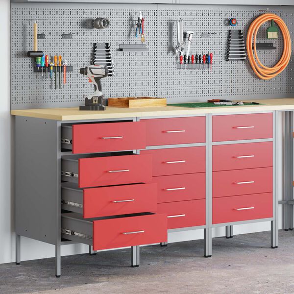 vidaXL Werkbank mit Schubladen 3 pcs Rot und Grau 75 x 45 x 85 cm