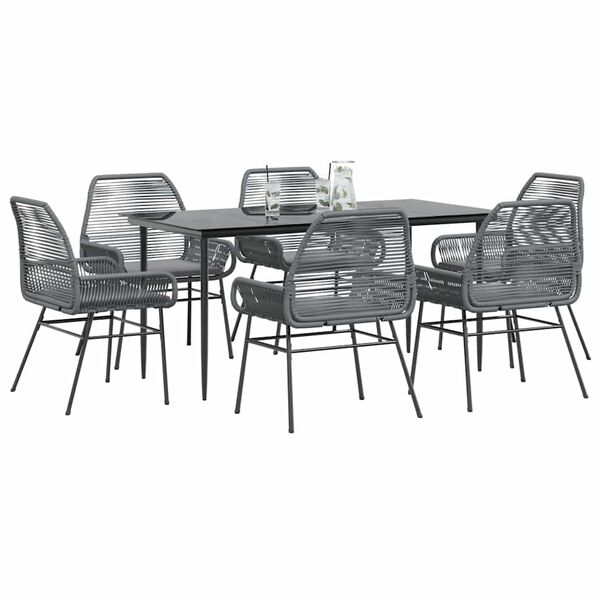 vidaXL 7-tlg. Garten-Essgruppe mit Kissen Grau Poly Rattan Glas