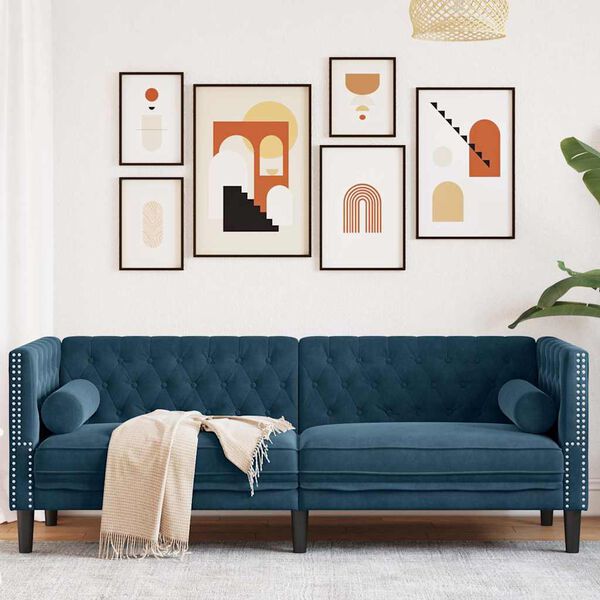 vidaXL Chesterfield-Sofa mit Nackenrollen 3-Sitzer Blau Samt