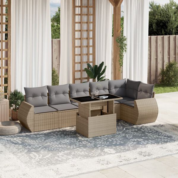 vidaXL 7-tlg. Garten-Sofagarnitur mit Kissen Beige Poly Rattan