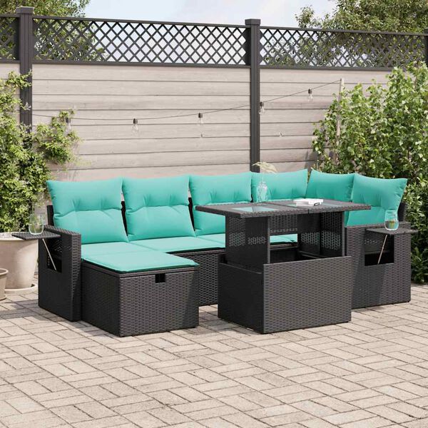 vidaXL 7-tlg. Garten-Sofagarnitur mit Kissen Grau Poly Rattan Akazie