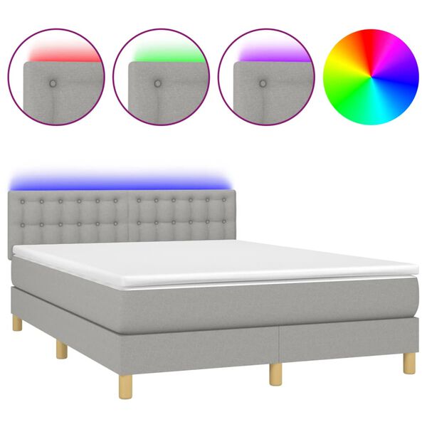 vidaXL Boxspringbett mit Matratze & LED Hellgrau 140x190 cm Stoff