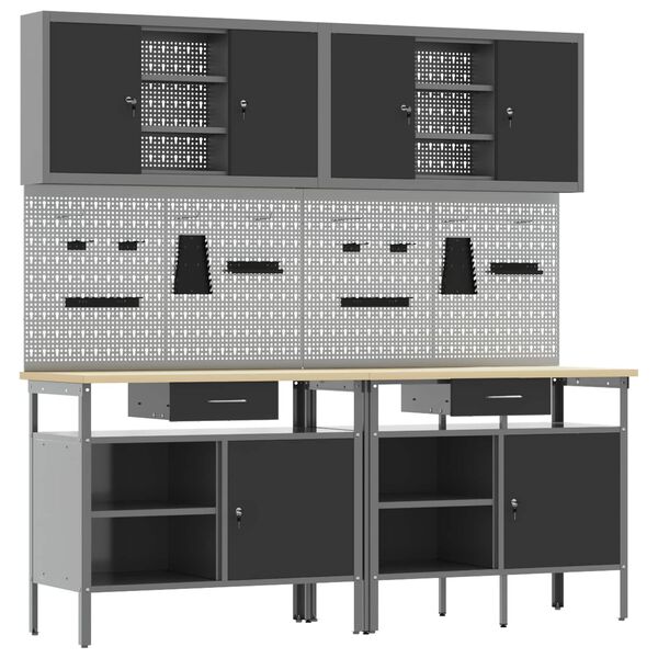 vidaXL Werkbank-Set 8 pcs Rot und Grau Pulverbeschichteter Stahl