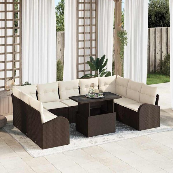 vidaXL Gartensofa-set mit Speicher 10 pcs Braun und Creme Poly-Rattan