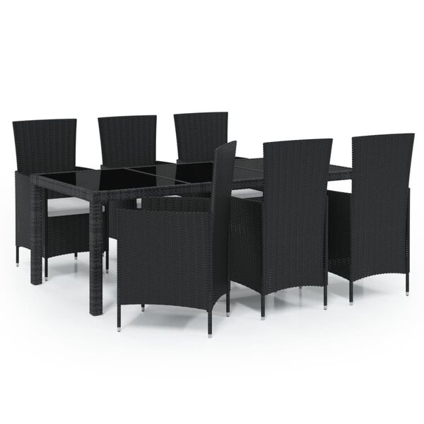 vidaXL 7-tlg. Garten-Essgruppe mit Auflagen Poly Rattan Schwarz