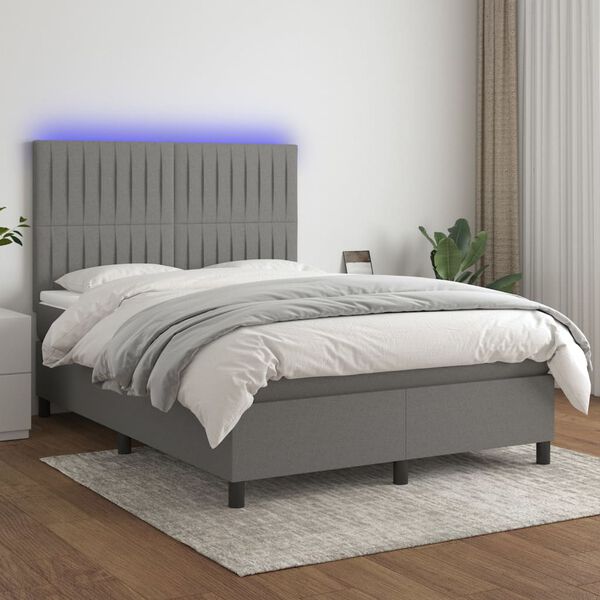 vidaXL Boxspringbett mit Matratze & LED Dunkelgrau 140x190 cm Stoff