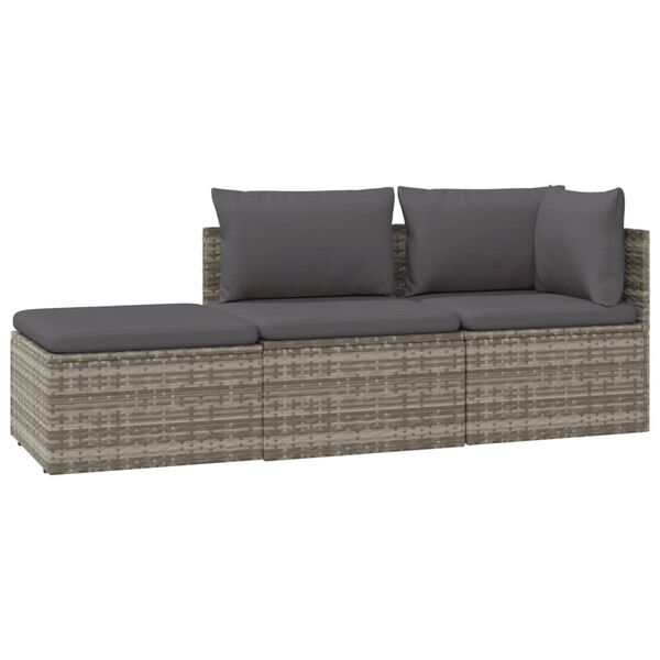 vidaXL 3-tlg. Garten-Lounge-Set mit Kissen Grau Poly Rattan