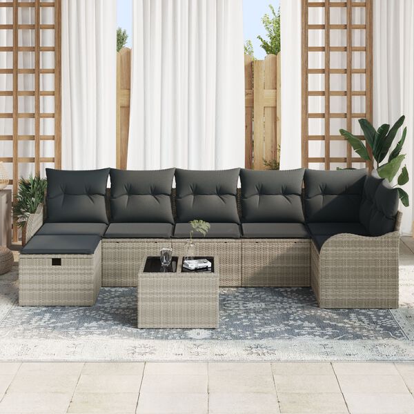 vidaXL Sofa Set mit Kissen mit Speicher 8 pcs Hellgrau Poly-Rattan