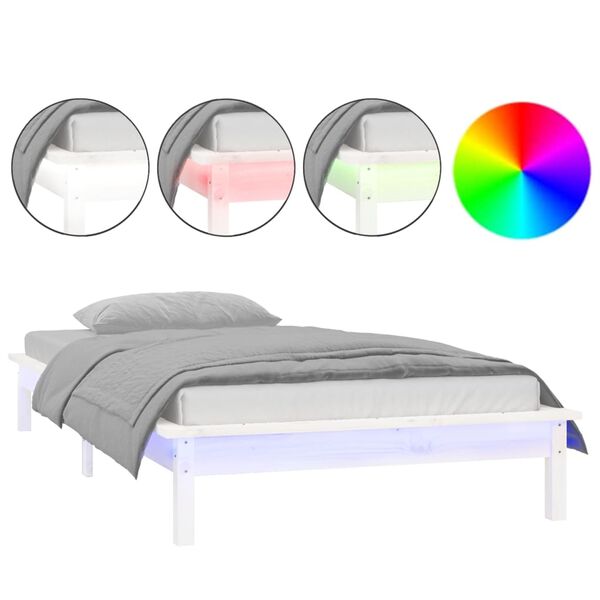 vidaXL Massivholzbett mit LEDs Wei&szlig; 90x190 cm