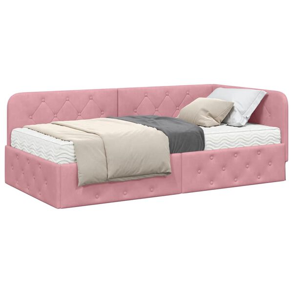 vidaXL Eckbettgestell mit Matratze mit Kopfteil Rosa 100 x 200 cm Samt