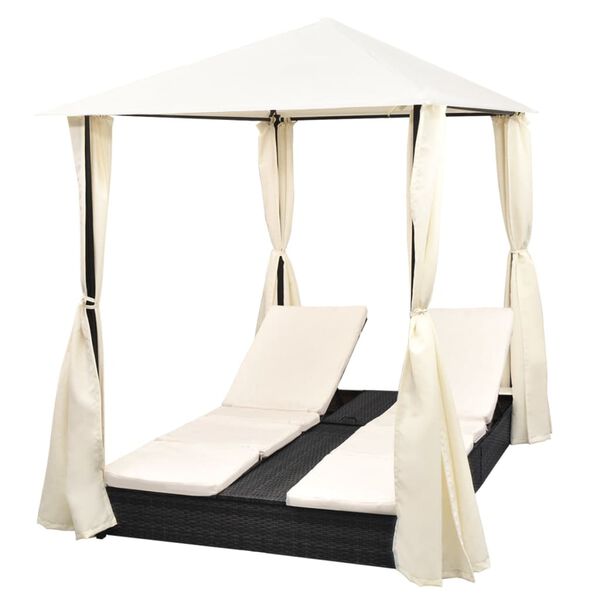vidaXL Doppel-Sonnenliege mit Vorhang Poly Rattan Schwarz