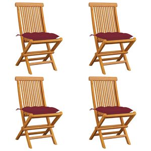vidaXL Klappst&uuml;hle mit weinroten Kissen, 4 St&uuml;ck, Massivholz Teakholz