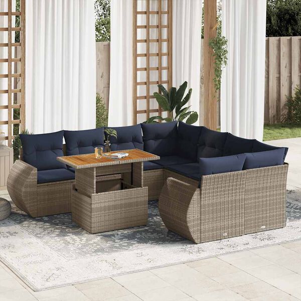 vidaXL 9-tlg. Garten-Sofagarnitur mit Kissen Grau Poly Rattan