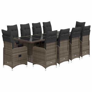 vidaXL 11-tlg. Garten-Bistro-Set mit Kissen Grau Poly Rattan