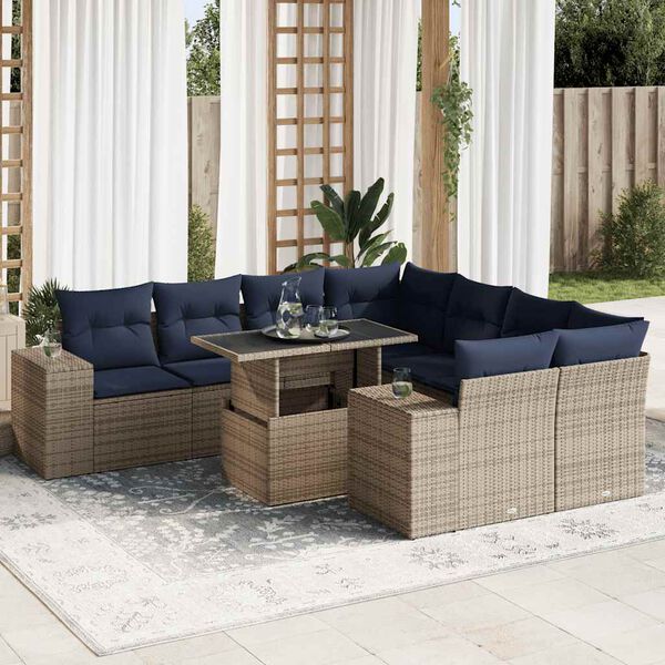 vidaXL 9-tlg. Garten-Sofagarnitur mit Kissen Grau Poly Rattan Akazie