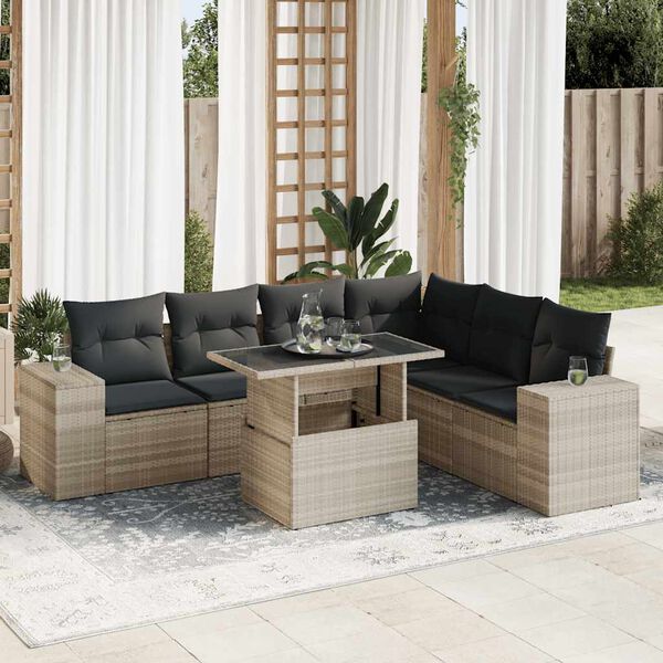 vidaXL 7-tlg. Garten-Sofagarnitur mit Kissen Hellgrau Poly Rattan