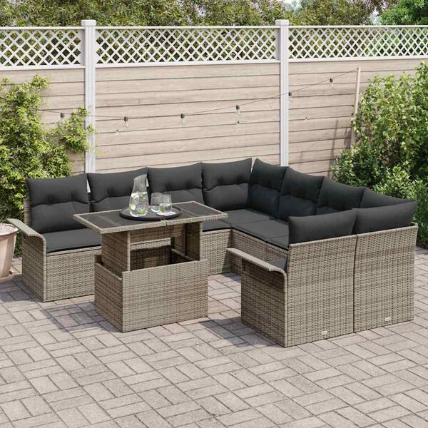vidaXL Gartensofa-set mit Kissen 9 pcs Grau Poly-Rattan