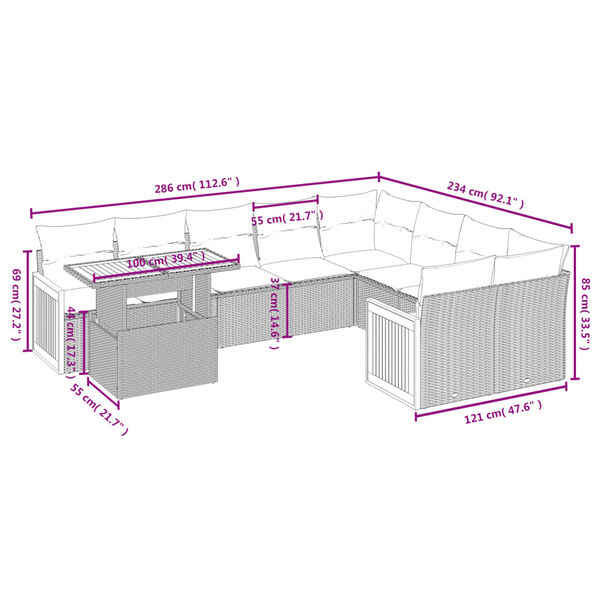 vidaXL 10-tlg. Garten-Sofagarnitur mit Kissen Schwarz Poly Rattan