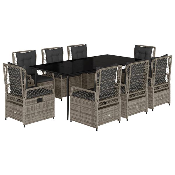 vidaXL 9-tlg. Garten-Essgruppe mit Kissen Grau Poly Rattan