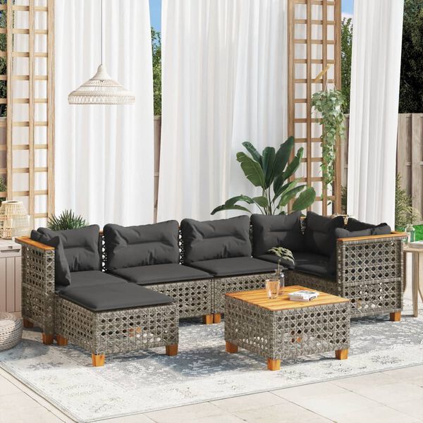 vidaXL 7-tlg. Garten-Sofagarnitur mit Kissen Grau Poly Rattan